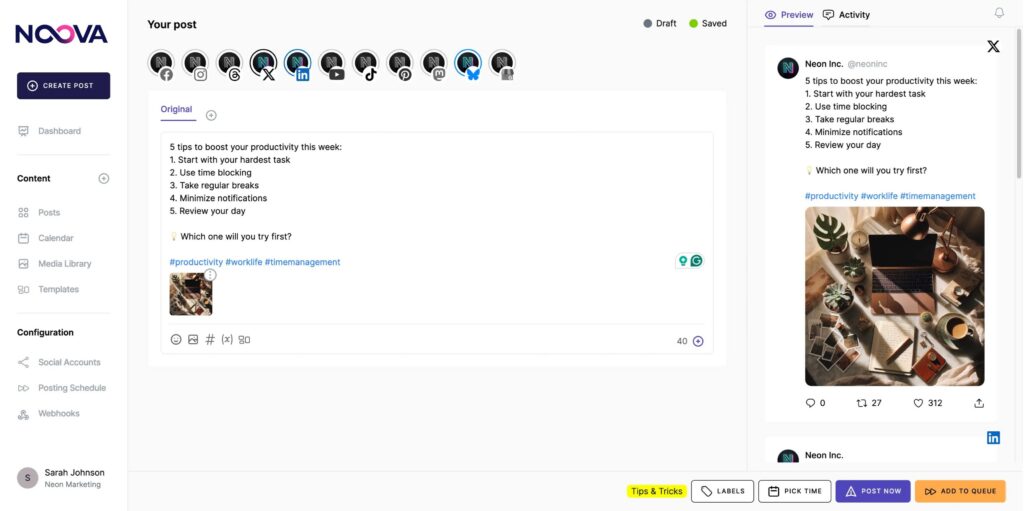 Schreibe, bearbeite und plane Social Media Beiträge für verschiedene Plattformen an einem zentralen Ort. Noova bündelt Text, Medien und Plattformauswahl in einem klaren Editor, damit Inhalte strukturiert entstehen und sauber vorbereitet werden können. Du behältst jederzeit den Überblick über Versionen, Kanäle und den aktuellen Status eines Beitrags. Ideal für Creator, Teams und Agenturen, die effizient arbeiten und ihre Inhalte professionell steuern wollen.