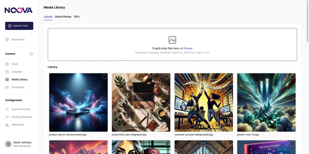 In der Mediathek verwaltest du alle Bilder, Videos und GIFs zentral an einem Ort. Lade eigene Dateien hoch oder greife auf Stockbilder und GIFs zu, ohne dein Tool zu verlassen. Alle Medien stehen dir direkt beim Erstellen und Planen von Beiträgen zur Verfügung – übersichtlich, schnell auffindbar und jederzeit wiederverwendbar. So bleibt dein Content konsistent und dein Workflow effizient.
