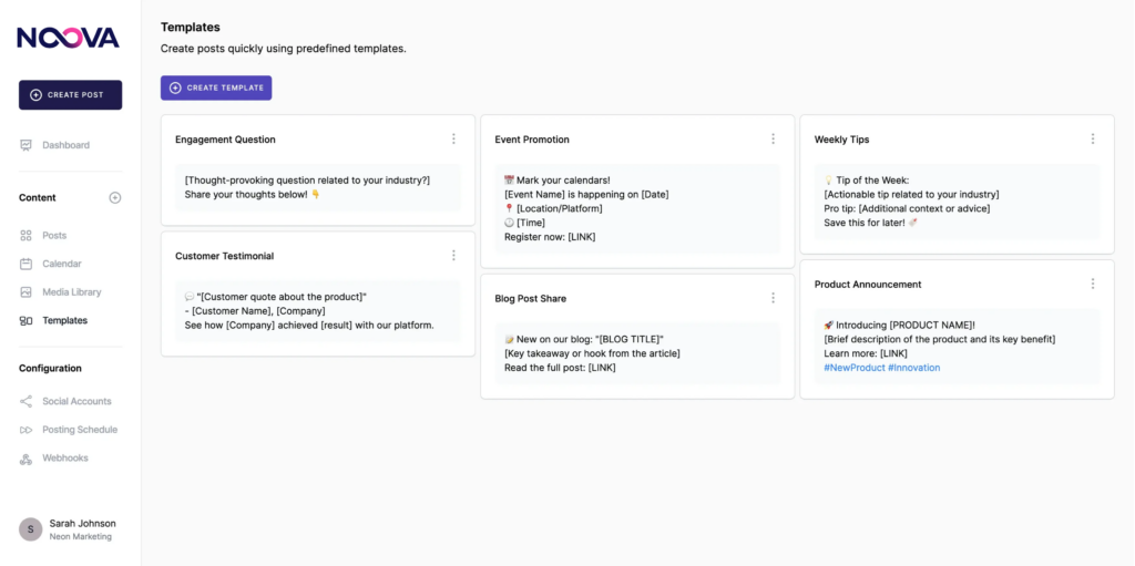 Erstelle Social Media Beiträge in Sekunden mit vordefinierten Vorlagen. Noova bietet dir strukturierte Templates für wiederkehrende Inhalte wie Event-Ankündigungen, wöchentliche Tipps, Blogposts, Produktneuheiten oder Kundenstimmen. Statt jedes Mal neu zu beginnen, arbeitest du mit klaren Formaten, Platzhaltern und bewährten Strukturen. Das spart Zeit, sorgt für konsistente Inhalte und hilft Teams und Agenturen, effizienter zu arbeiten.