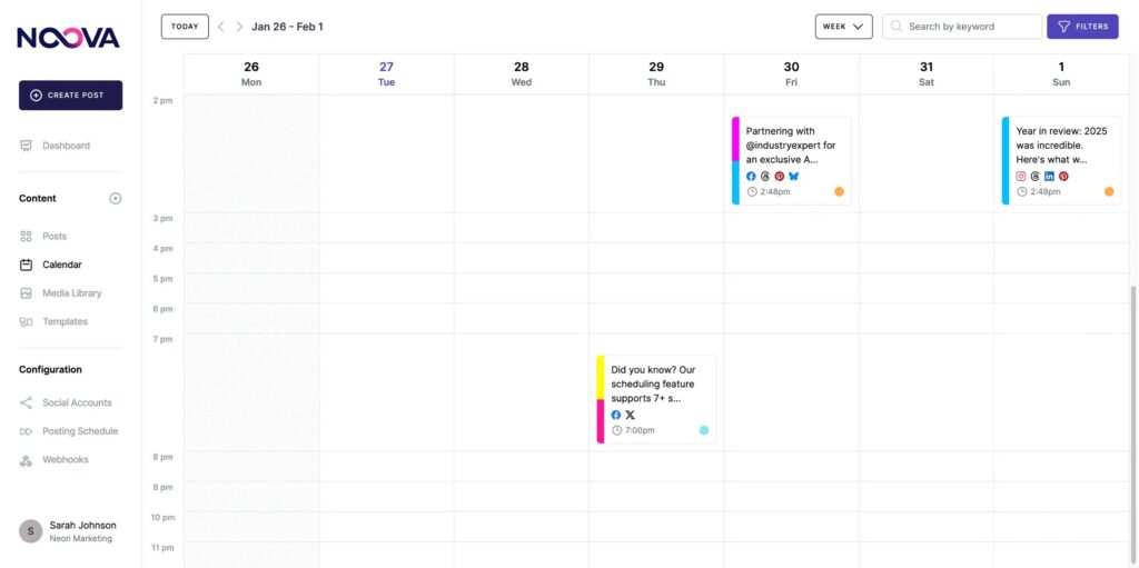 Der Wochenkalender zeigt dir deine Social Media Beiträge entlang der Uhrzeit und Wochentage. Du siehst genau, wann welcher Post veröffentlicht wird, auf welchen Plattformen er läuft und wo noch Platz für neuen Content ist. Beiträge lassen sich einfach verschieben, neu terminieren oder direkt aus der Ansicht bearbeiten. Perfekt für alle, die ihre Veröffentlichung nicht nur planen, sondern wirklich steuern wollen.